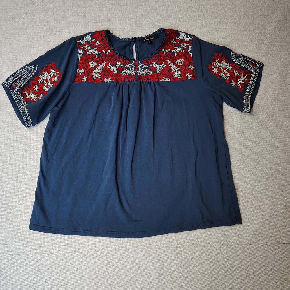 Calessa Womens L Navy Embroidered Floral Blouse Boho Western Bell Sleeve Peasant